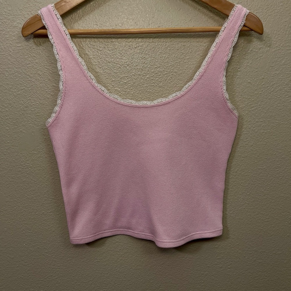 Hollister Waffle Lace Trim Tank Cropped Gilly Hicks Pink Preppy Coquette Size M